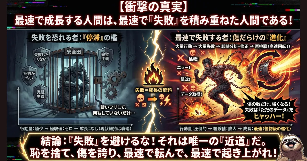 【図解】最速で成長する人の共通点:「失敗したくない」と安全圏に引きこもり停滞する完璧主義(左)と、恥を捨てて大量に失敗し、それを「データ」として修正・再挑戦することで最速で進化する人(右)の決定的な違い