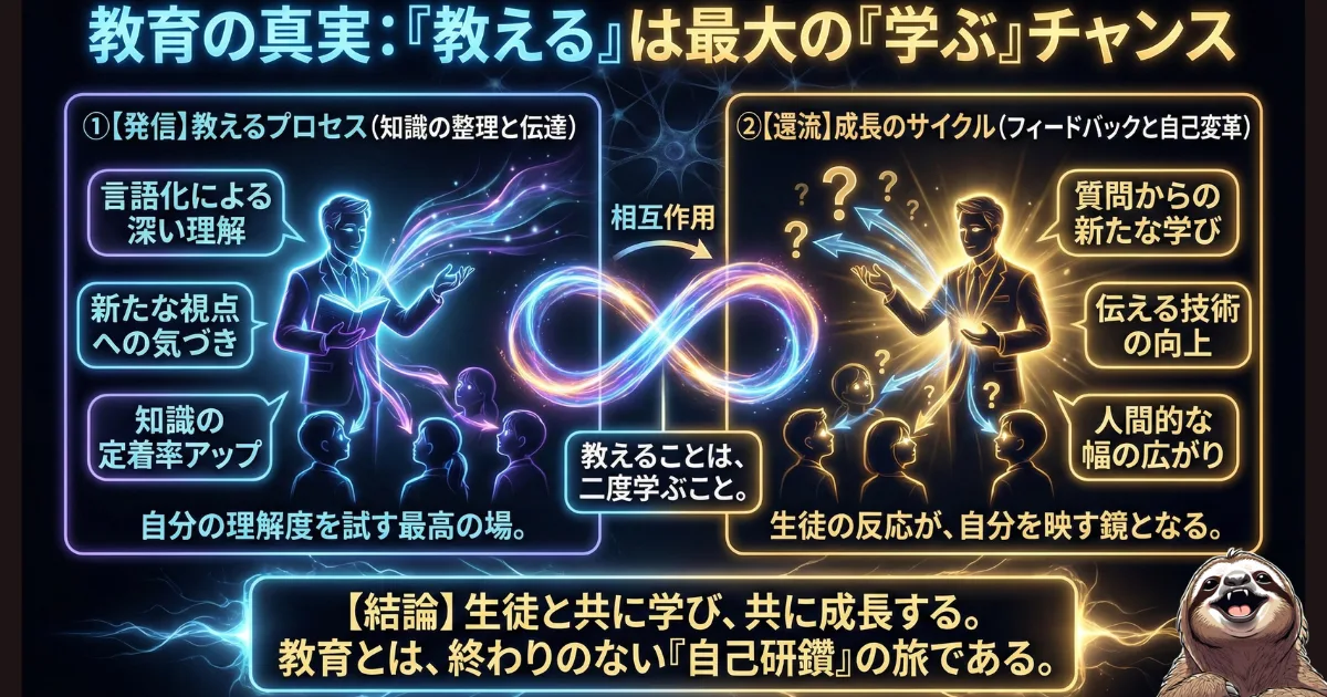 【図解】教育の真実「教えることは学ぶこと」:知識を言語化して伝える「発信プロセス(左)」と、部下からの質問や反応を受け取り自己変革につなげる「成長のサイクル(右)」が、無限の相互作用を生み出す仕組み
