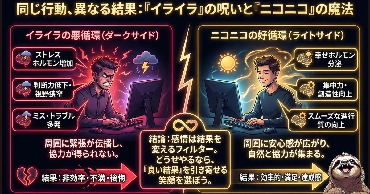 【図解】同じ行動でも結果が激変:イライラして作業すると判断力が低下しミスを招く「悪循環(左)」と、ニコニコして作業すると集中力と協力が高まり成功を引き寄せる「好循環(右)」の比較。感情管理が成果に与える影響