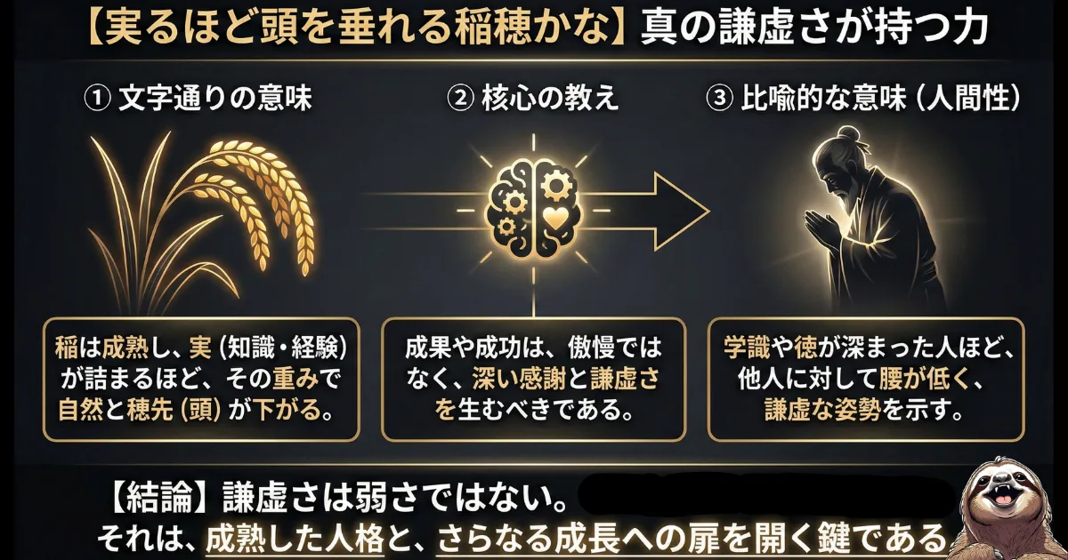 【図解】ことわざ「実るほど頭を垂れる稲穂かな」の真意：稲が成熟して実が詰まるほど穂先が下がるように、人間も学識や徳が深まるほど、傲慢さを捨てて他人に対して謙虚になる（頭を下げる）という、真の強さと成熟の法則