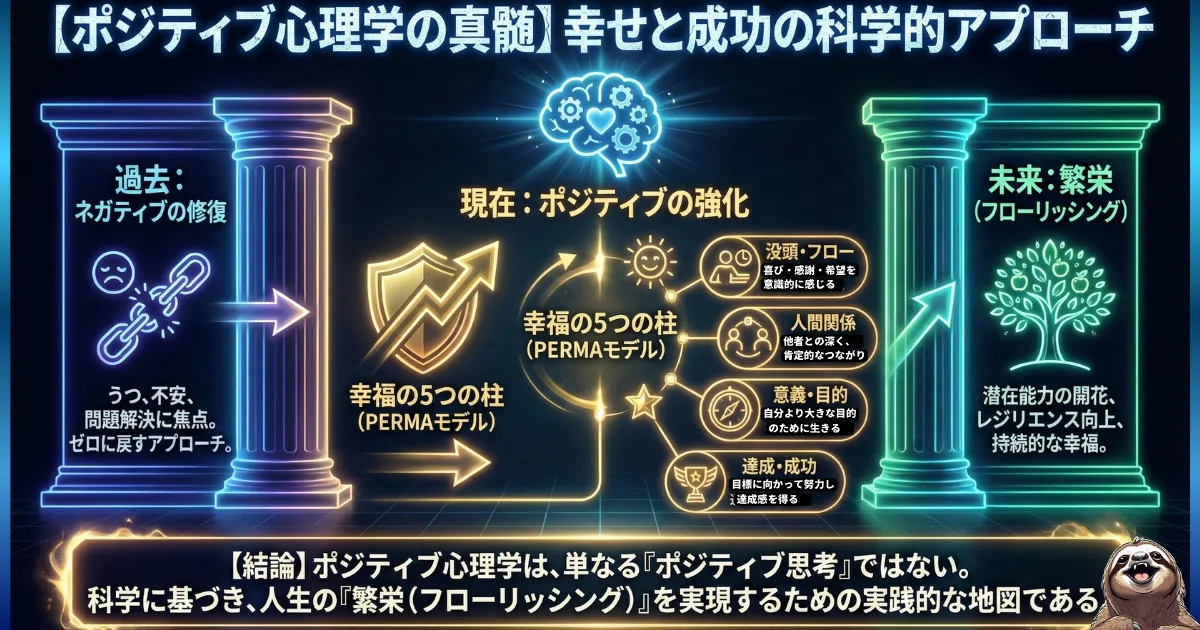 【図解】ポジティブ心理学の真髄とPERMA(パーマ)モデル:マイナスをゼロにする「ネガティブの修復(左)」から、強みや没頭(フロー)を強化し人生の「繁栄(フローリッシング)」を目指す「科学的アプローチ(右)」への転換。才能開花と持続的な幸福のメカニズム
