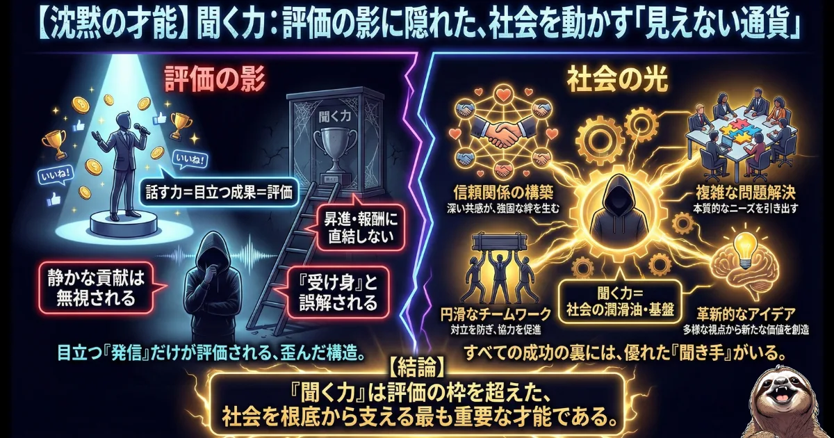 【図解】沈黙の才能「聞く力」の真価:目立つ「発信(話す力)」ばかりが評価される歪んだ構造(左)に対し、実は「聞く力」こそが信頼構築、問題解決、チームワークを支える「社会の潤滑油」であり、成功の基盤であることを示す比較図