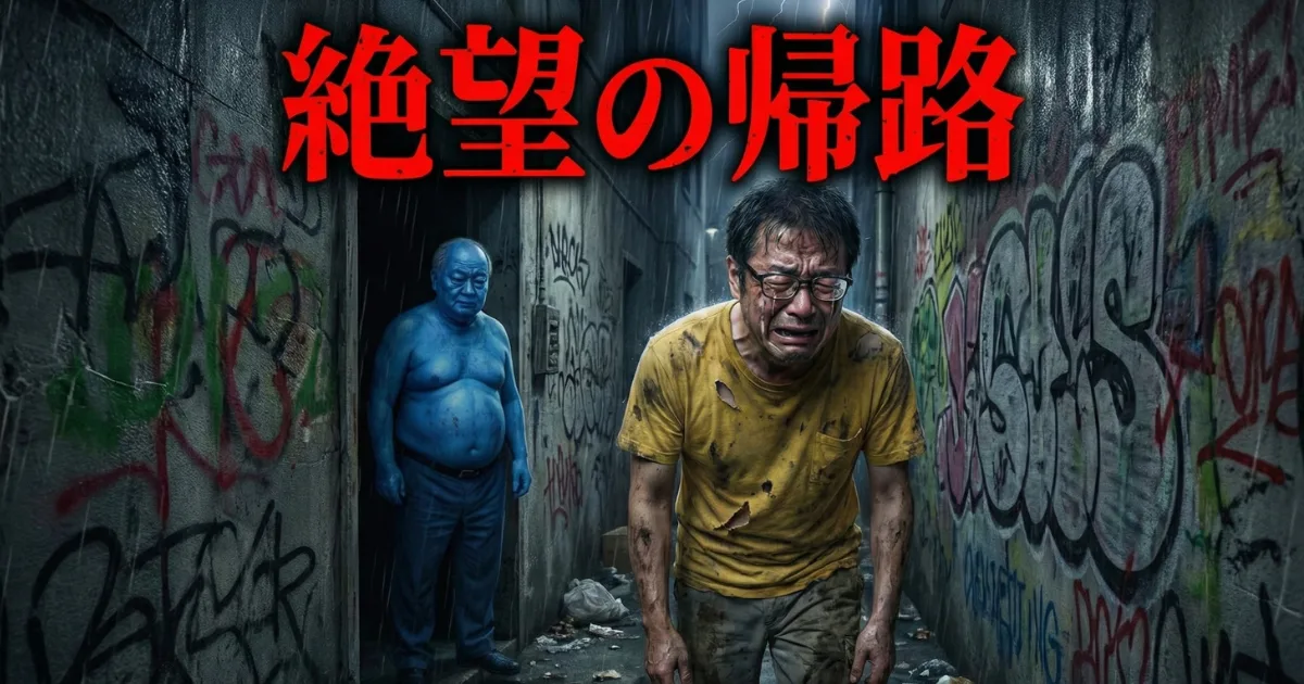 【絶望の帰路】「才能がない」と自分を諦めた末路:雨の降る路地裏で、泥だらけになり泣きながら歩く中年男性(挫折したのび太)と、背後で見守る青い肌の老人(ドラえもんのメタファー)。人生のどん底と孤独を描いたイメージ