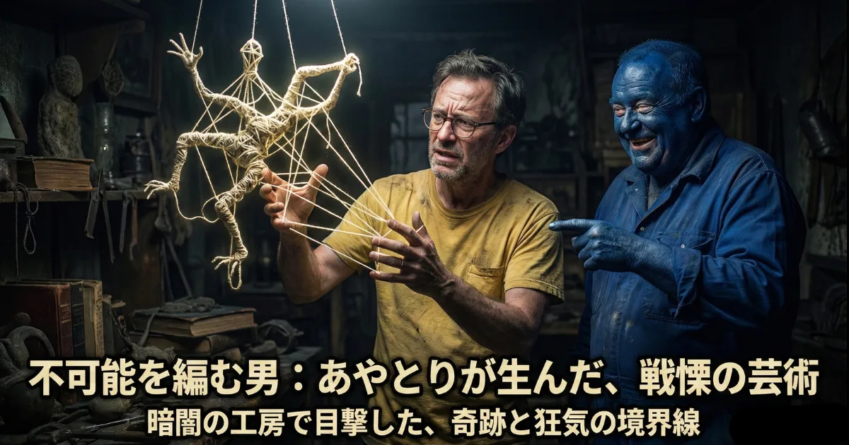 【才能の覚醒】不可能を編む男:一見役に立たない特技(あやとり)を極限まで突き詰め、「戦慄の芸術」へと昇華させた男の姿。狂気と紙一重の没頭力が生み出す奇跡と、それを誇らしげに紹介する青い老人(ドラえもん)のイメージ
