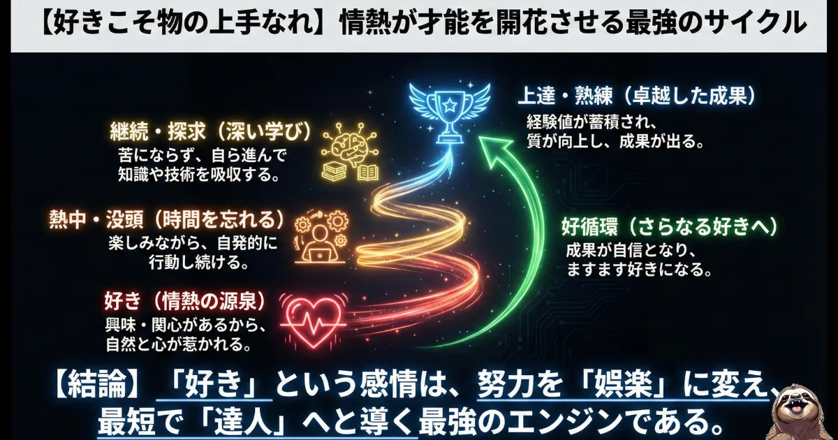 【図解】好きこそ物の上手なれ(才能開花のメカニズム):「好き(情熱)」が「熱中・没頭」と「継続・探求」を自然に生み出し、最短で「上達・熟練」へと導く最強のサイクル。「努力」を「娯楽」に変えることで卓越した成果を出す心理プロセス