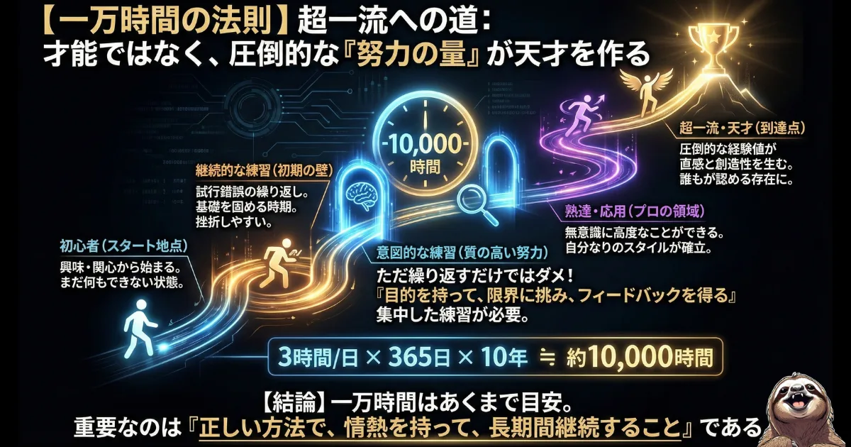 【図解】一万時間の法則(超一流への道):天才は才能ではなく「圧倒的な努力の量」で作られることを示す成長ロードマップ。「意図的な練習」を1日3時間×10年(約10,000時間)継続することで、誰でも熟達の領域(プロ)へ到達できるメカニズム