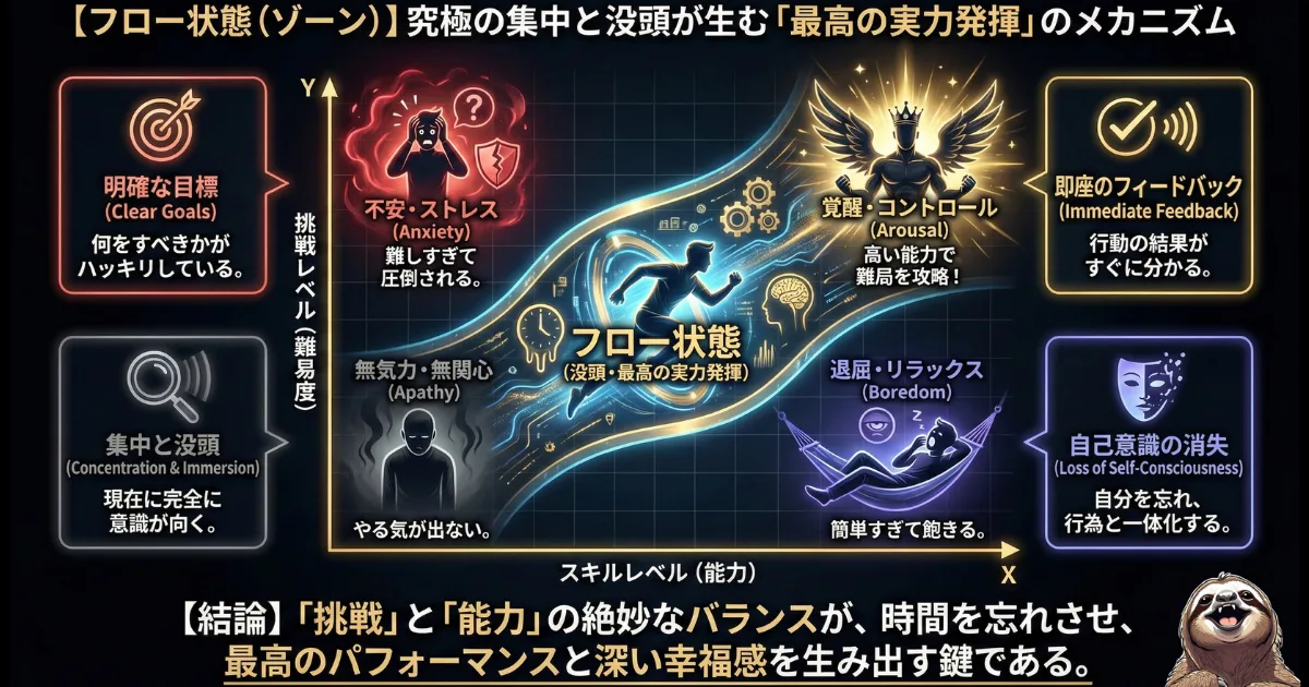 【図解】フロー状態(ゾーン)のメカニズム:「挑戦レベル(難易度)」と「スキルレベル(能力)」が絶妙にバランスした時に訪れる、究極の集中と没頭の状態。不安や退屈を超え、自己意識を忘れて最高のパフォーマンスを発揮する心理条件