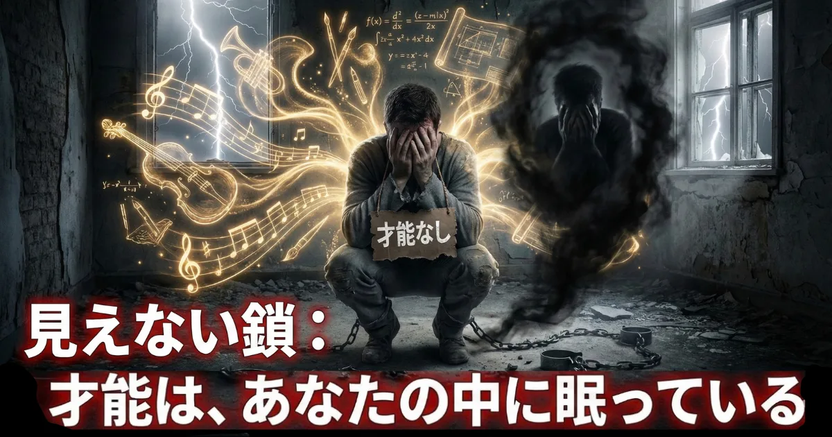 【イメージ】才能がないという思い込み(見えない鎖):「才能なし」の札をかけられ自己否定に苦しむ男性。しかしその背後では、音楽、芸術、学問などの「潜在能力」が黄金の光となって溢れ出しており、才能はすでに自分の中に眠っていることを示す図