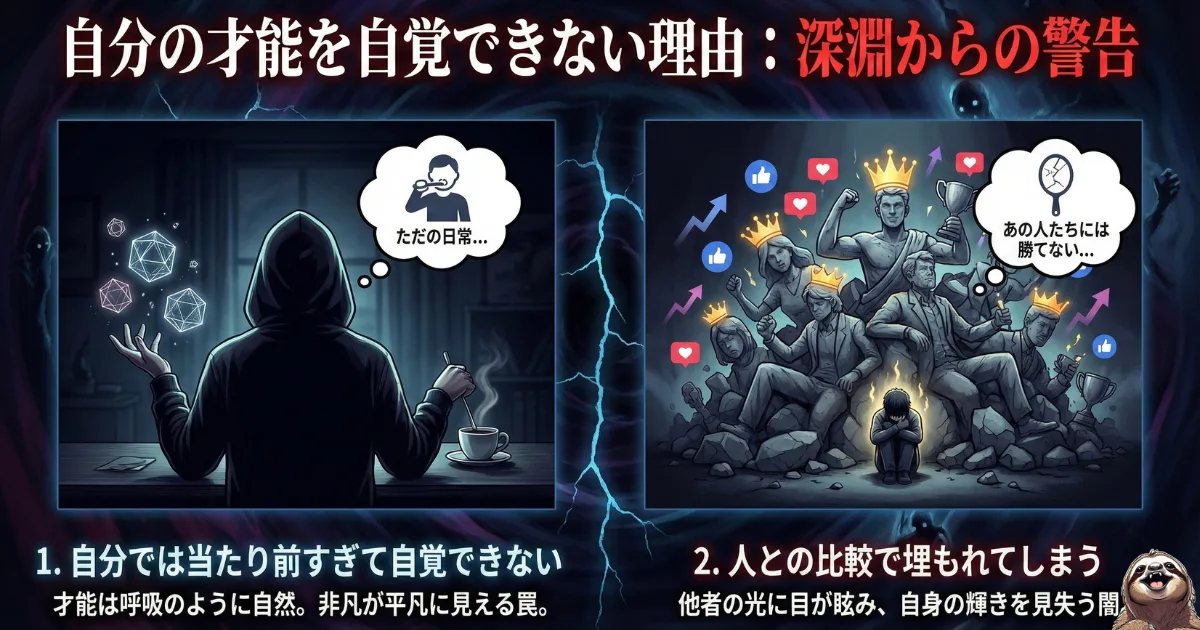 【図解】自分の才能を自覚できない2つの理由:息をするように簡単にできるため「非凡」だと気づかない罠(左)と、SNSなどで圧倒的な成功者と自分を比較して自己否定に陥る闇(右)。才能が見つからない原因を分析したイメージ
