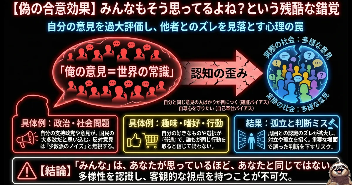 【図解】偽の合意効果と才能の見落とし:「自分が簡単にできることは、他人もできるはず(俺の常識=世界の常識)」と錯覚し、実際の社会の多様性とのズレを見落としてしまう認知バイアスのメカニズム。自分の才能を過小評価してしまう心理の罠