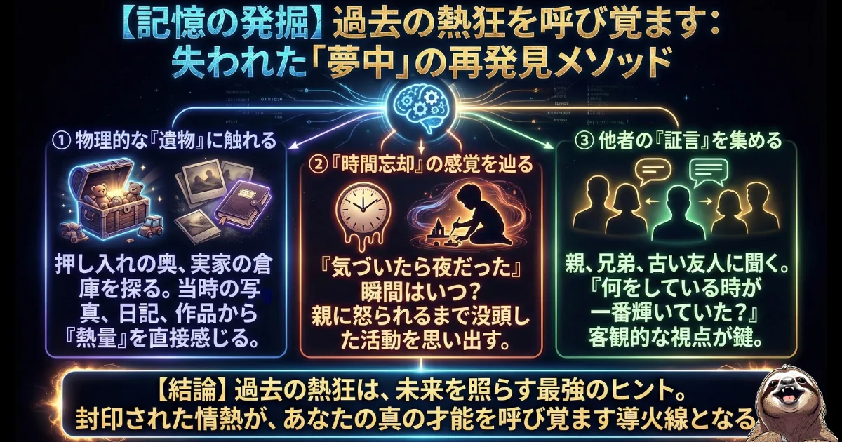 【図解】才能を見つける「記憶の発掘」3つのメソッド:①物理的な思い出の品(遺物)に触れる、②時間を忘れて没頭した過去の体験を辿る、③親や友人に客観的な「証言」を聞く。失われた「夢中」を再発見し、隠れた才能を呼び覚ます具体的な方法
