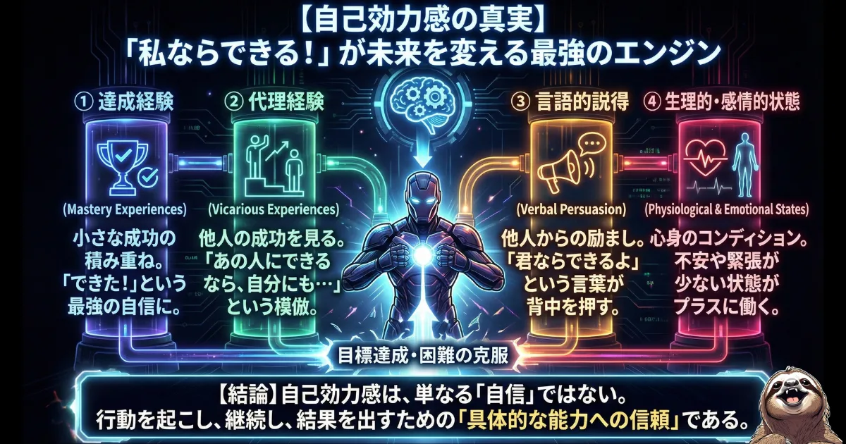 【図解】自己効力感(セルフ・エフィカシー)を高める4つの要素:「私ならできる」という確信を生み出す①達成経験(成功体験)、②代理経験(モデリング)、③言語的説得(励まし)、④生理的・感情的状態(心身調整)。行動を起こし結果を出すための「心のエンジン」の仕組み