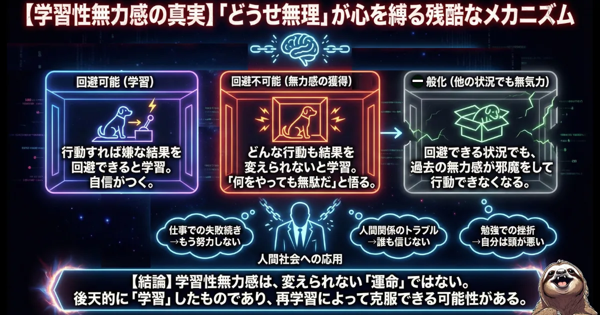 【図解】学習性無力感のメカニズム:「どうせ無理」という諦めは、繰り返される失敗体験によって後天的に作られた「学習」の結果である。回避不可能なストレスが「何をやっても無駄」という無気力を生み、行動する気力を奪う心理プロセスと克服の可能性