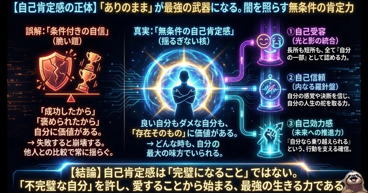 【図解】自己肯定感の正体と条件付きの自信との違い:「成功したから価値がある」という脆い自信(左)に対し、長所も短所も含めて「ありのままの自分」を認める「無条件の自己肯定感(右)」こそが、失敗に揺らがない最強の生きる力であることを示す比較図
