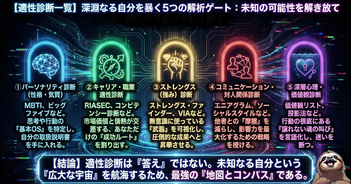 【図解】適性診断一覧(自分を知る5つの解析ゲート):性格(MBTI等)、キャリア(RIASEC等)、強み(ストレングス・ファインダー等)、対人関係(エニアグラム等)、深層心理(価値観リスト等)の5つの視点から、未知の可能性と「自分の取扱説明書」を手に入れるためのツールガイド