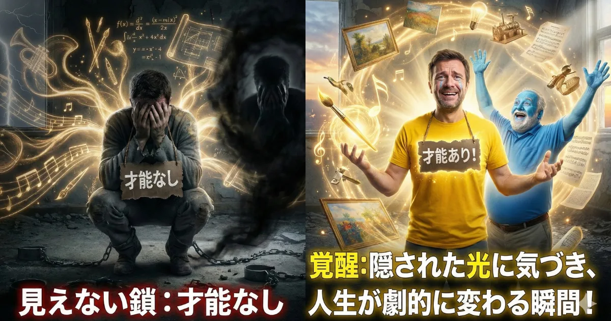 【才能の覚醒】「才能なし」という思い込み(鎖)からの解放:「見えない鎖」に縛られ絶望していた男性が、自分の隠れた可能性に気づき「才能あり!」と覚醒する劇的なビフォーアフター。青い老人(メンター)と共に喜びを分かち合う、人生好転のイメージ