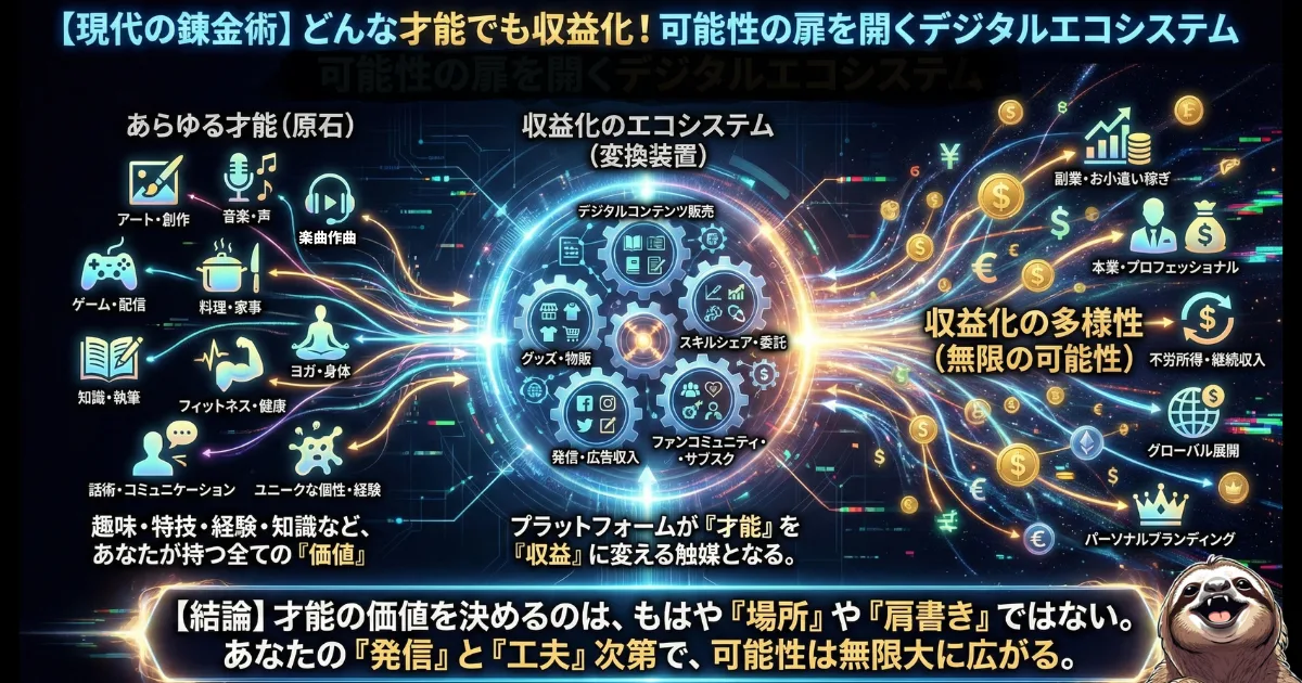 【図解】どんな才能でも収益化できる「現代の錬金術」:趣味や特技などの「原石(左)」を、SNSやスキルシェアなどの「デジタルエコシステム(中央)」を通すことで、副業から事業展開までの「多様な収益(右)」に変換できるクリエイターエコノミーの仕組み
