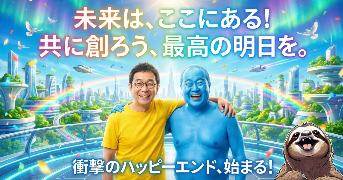 【才能開花のハッピーエンド】最高の未来を共に創る:自己否定の鎖を断ち切り、自分の才能(強み)を見つけて活かした先に待っている「希望に満ちた明日」。黄色いシャツの男性と青いメンターが笑顔で肩を組む、自己実現と成功のイメージ