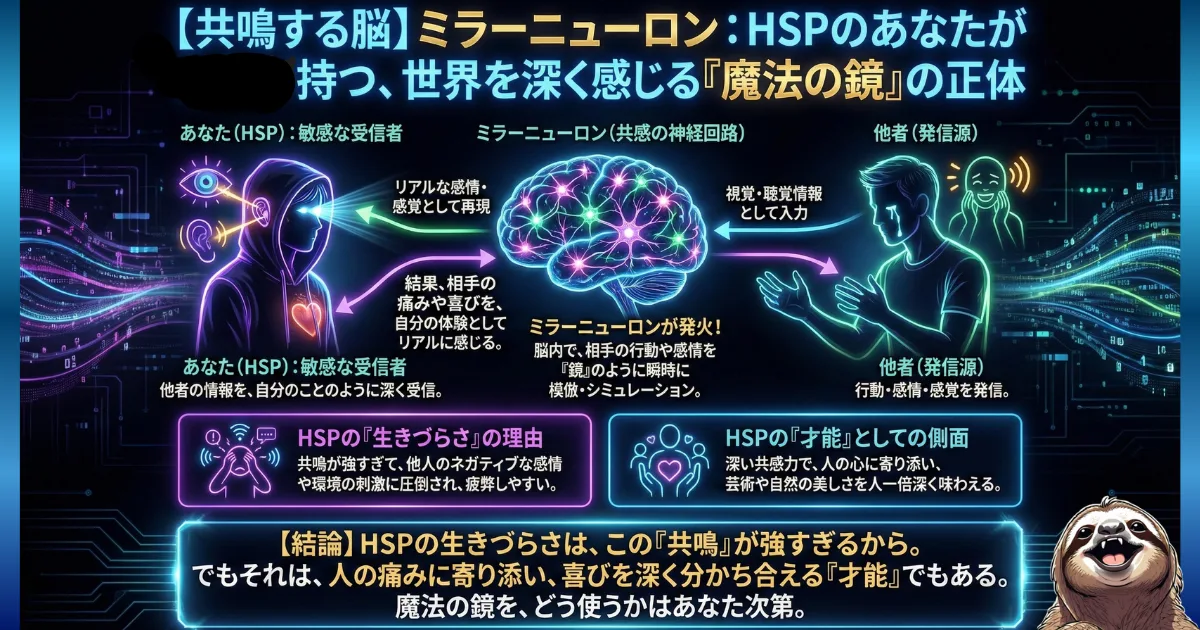 【図解】HSPの共感力の正体「ミラーニューロン」:他人の感情や行動を脳内で「鏡(ミラー)」のように模倣・シミュレーションする神経回路の働き。繊細さんが職場で他人のネガティブな感情に引っ張られて疲労する理由と、それが深い共感力という「才能」であることを示す脳科学的メカニズム