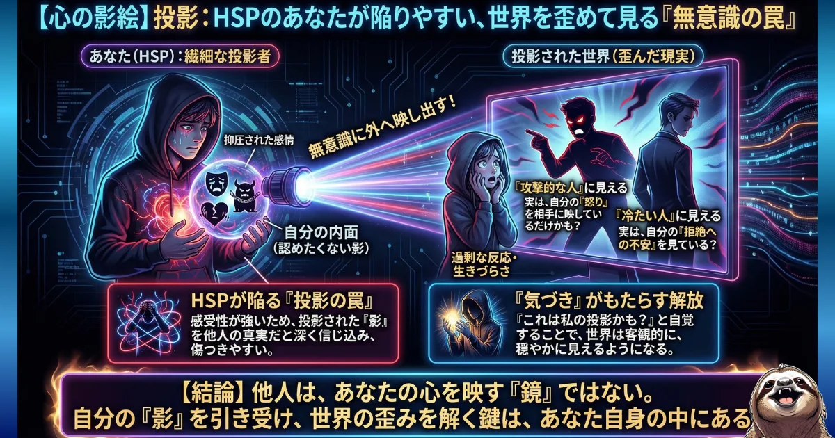 【図解】HSPが陥りやすい「投影」の罠:自分の抑圧された感情や不安(影)を無意識に他人に映し出し、「攻撃的な人」「冷たい人」と歪めて認識してしまう心理メカニズム。職場の人間関係で過剰に傷つき、疲弊してしまう理由と、客観的な「気づき」による解決策を示した図