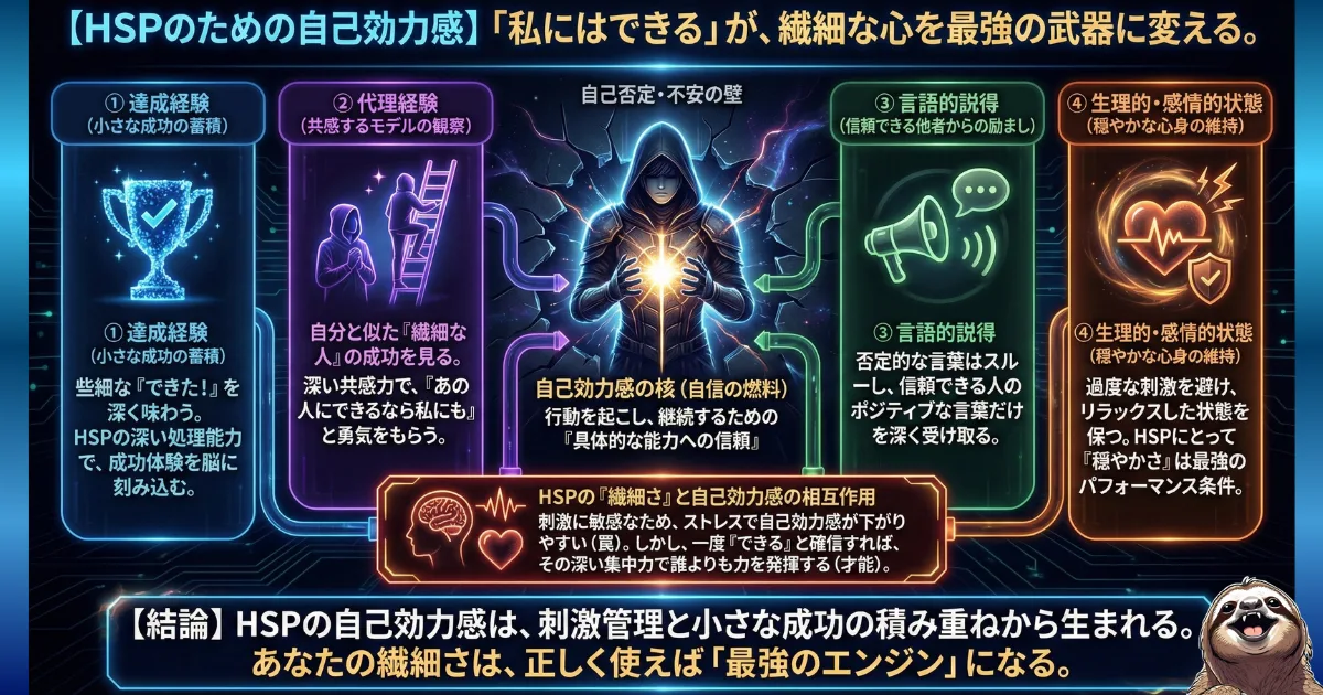 【図解】HSPのための自己効力感:繊細な心を最強の武器に変えるメカニズム。HSPの深い処理能力や共感力を活かし、「小さな成功体験」「モデルの観察」「ポジティブな言葉の受容」「穏やかな心身の維持」の4つの情報源から「私にはできる」という確信(最強のエンジン)を育てる方法