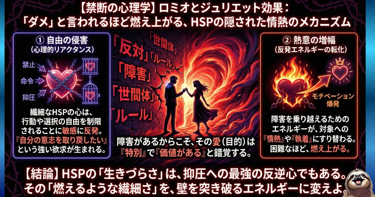 【図解】HSPとロミオとジュリエット効果(心理的リアクタンス):「ダメ」と制限されるほど自由を取り戻したくなる心理メカニズム。職場のルールや世間体の壁(抑圧)が、HSP特有の繊細さを「燃えるような反逆心と情熱」へと変え、障害を突き破る強大なエネルギーになることを示した図