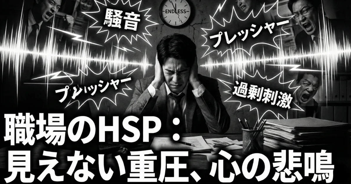 【職場のHSP】過剰刺激によるストレスと心の悲鳴:HSP(繊細さん)が職場で感じる、周囲の騒音、人間関係のプレッシャー、怒声などの「見えない重圧」を視覚化したイメージ。非HSPには分からない過酷な環境ノイズに苦しむ姿