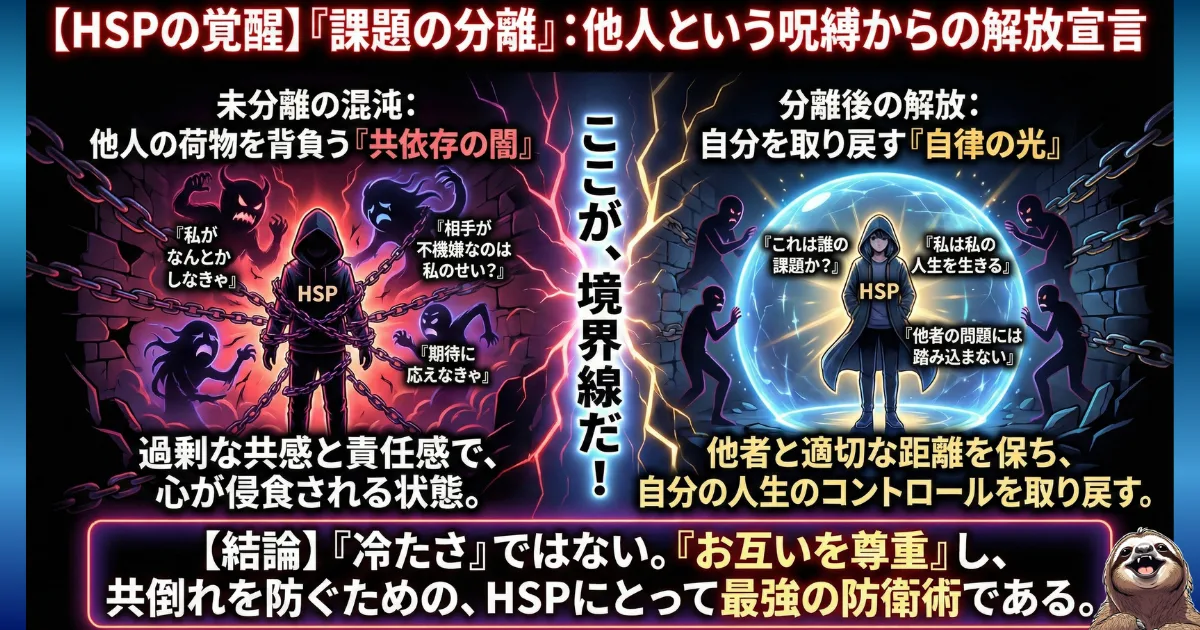 【図解】HSPの境界線戦略「課題の分離」:他人の機嫌や期待を背負い込む「共依存の闇(左)」から抜け出し、自分と他者の課題を切り分けることで「自律の光(右)」を取り戻すプロセス。職場の人間関係で疲れないための、アドラー心理学に基づく最強の防衛術