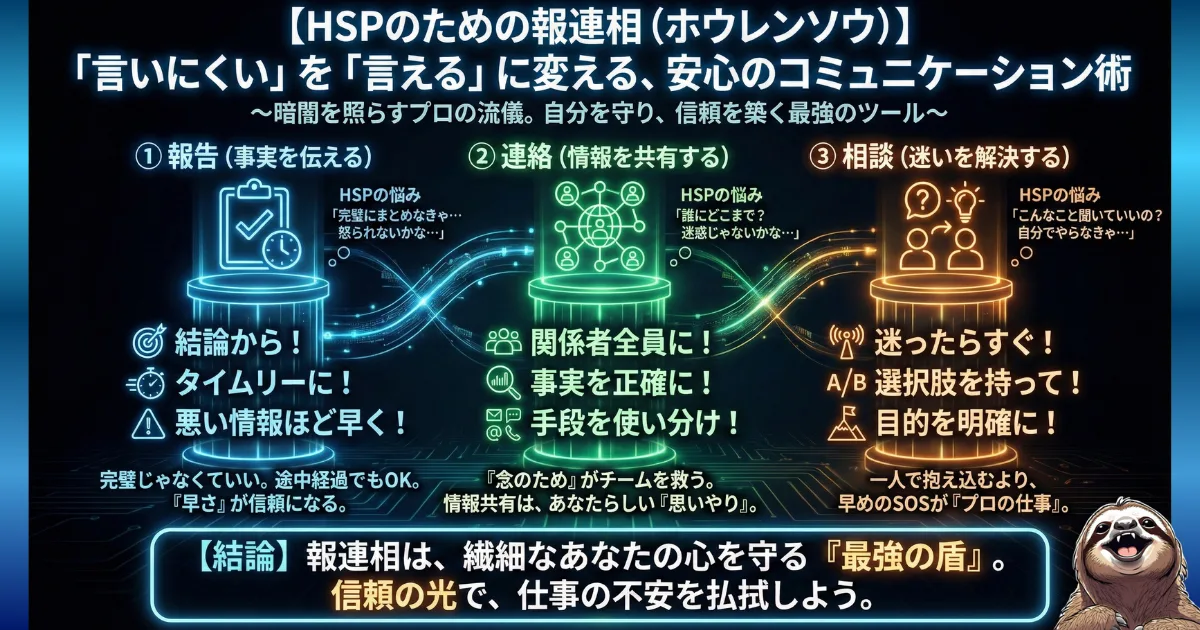 【図解】HSPのための報連相(ホウレンソウ):職場で「話しかけるのが怖い」「迷惑かもしれない」と悩みがちな繊細さんが、報告・連絡・相談をスムーズに行うための具体的なコツ(結論から伝える、迷ったらすぐ相談など)。自分を守る「最強の盾」としてのコミュニケーション術