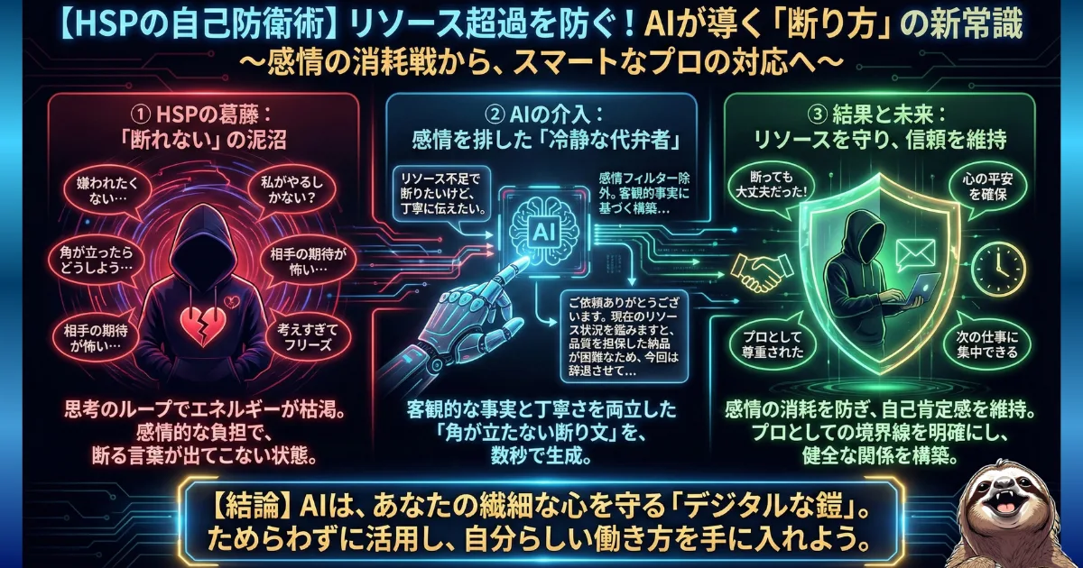【図解】HSPのための自己防衛術「AIを活用したスマートな断り方」:職場で仕事を断れずに疲弊する繊細さんが、AI(ChatGPTなど)を「冷静な代弁者」として使うことで、感情の消耗を防ぎ、角が立たない丁寧な断り文を生成し、自分のリソースと境界線を守るプロセス