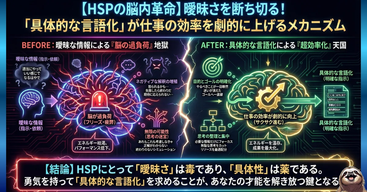 【図解】HSPの脳内革命:職場で「適当に」「いい感じで」といった曖昧な指示を受けると、過剰に思考し脳がフリーズしてしまうHSP(左)が、「具体的な言語化(期限や目的の明確化)」によって迷いをなくし、劇的に仕事の効率を上げるメカニズム(右)