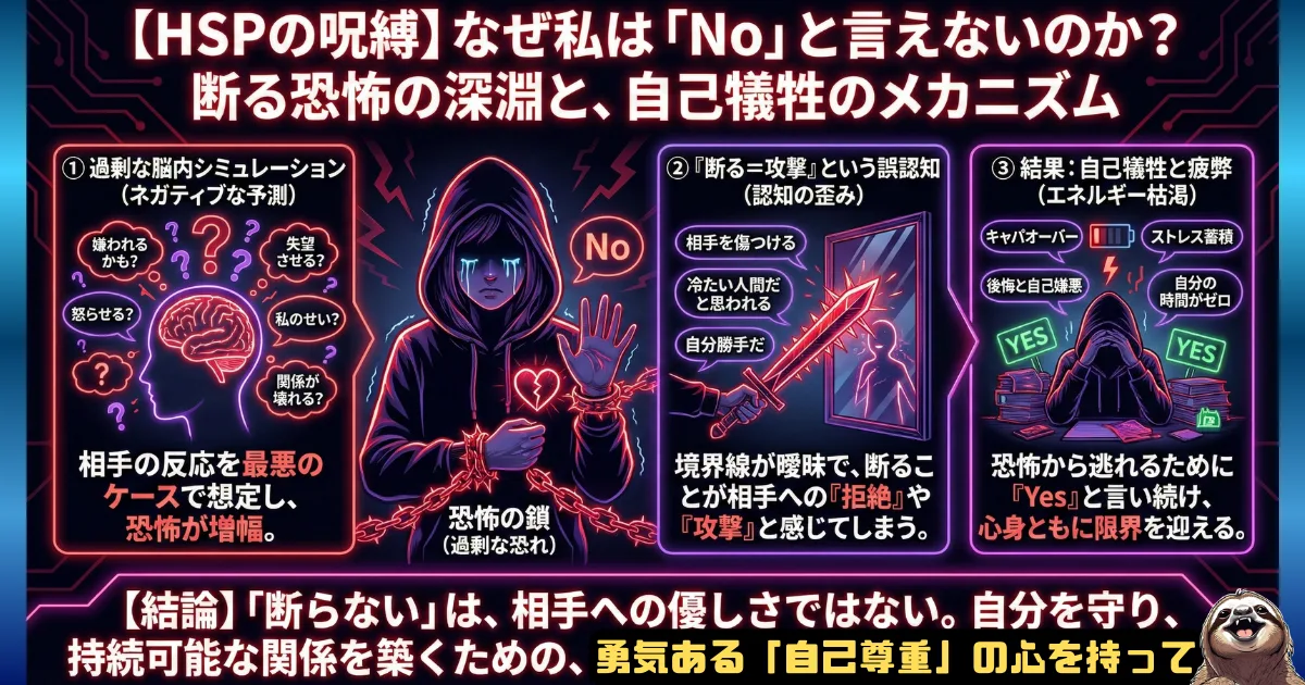 【図解】HSPが「No」と言えない理由と自己犠牲のメカニズム:過剰な脳内シミュレーションや「断ることは相手への攻撃」という認知の歪みによって恐怖の鎖に縛られ、YESと言い続けて疲弊してしまう繊細さんの心理構造と、自己尊重の重要性を解説した図