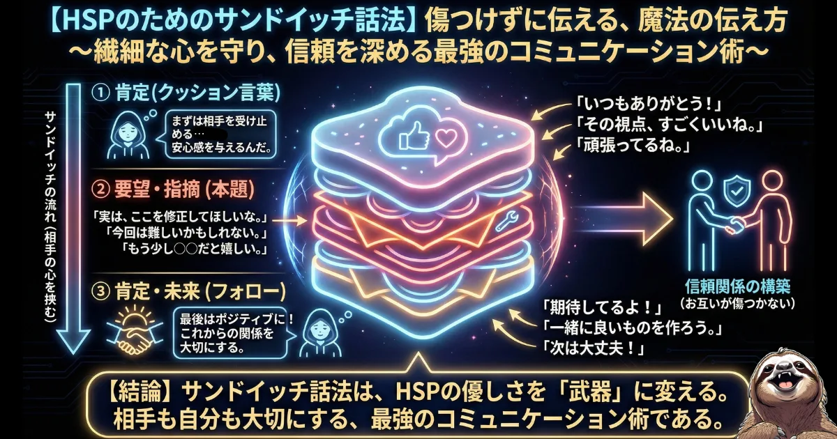 【図解】HSPのためのサンドイッチ話法:相手を傷つけるのが怖くて要望や指摘を言えない繊細さんが、①肯定(クッション)、②本題(要望)、③肯定(フォロー)の順で伝えることで、相手も自分も大切にしながら信頼関係を築く最強のコミュニケーション術