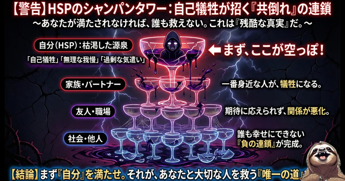 【図解】HSPのシャンパンタワー(自己犠牲の罠):「私が我慢すれば」と自分(一番上のグラス)を枯渇させると、家族や職場(下のグラス)まで負の連鎖で共倒れになる残酷な真実。境界線を引いて「まず自分を満たす」ことこそが周囲を救う唯一の道であることを示した図