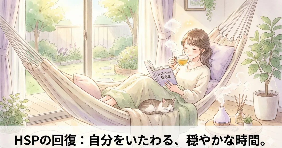 HSPの休息法】自分をいたわる穏やかな時間:職場の過剰な刺激で疲弊しやすい繊細さんが、休日にハンモックで読書やティータイムを楽しみ、心身のエネルギーを回復(チャージ)させるセルフケアのイメージ。境界線の内側で「自分のグラス」を満たす重要性を表現