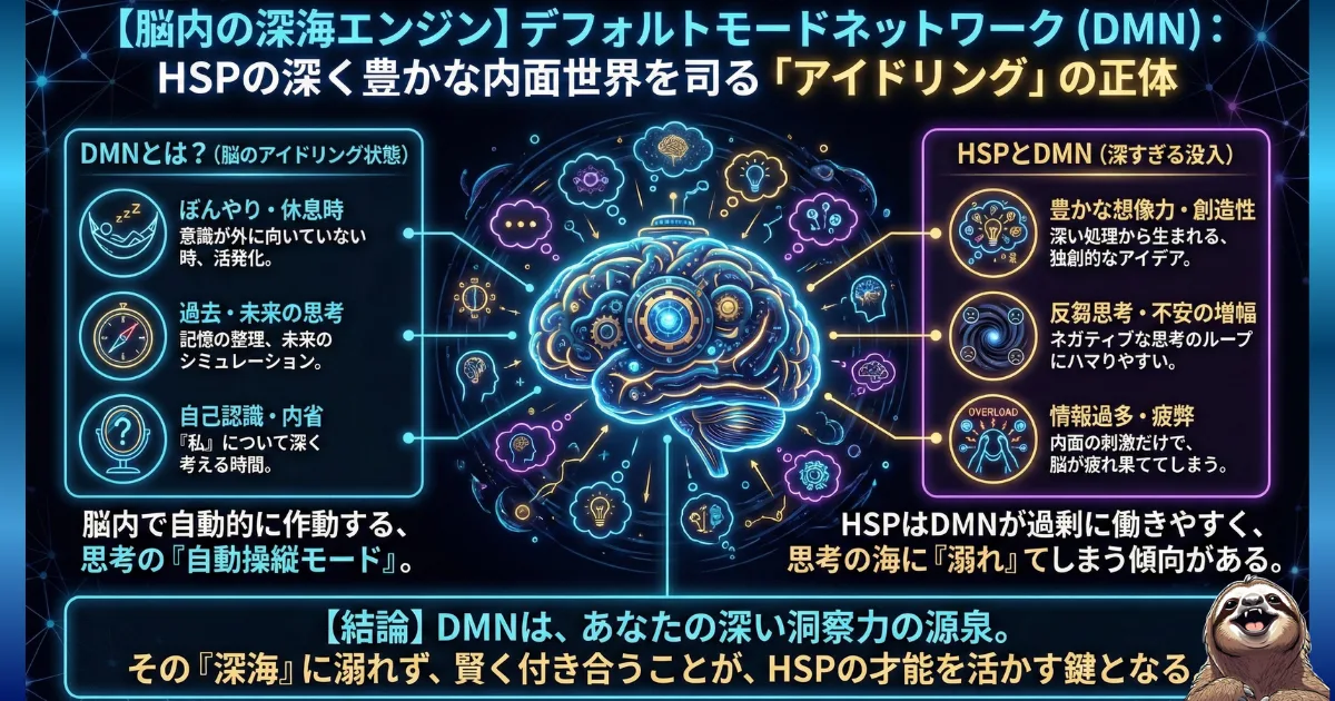 【図解】HSPとデフォルトモードネットワーク(DMN):休息時にも脳が活発に動き、過去の反省や未来の不安を巡らせてしまう「ぐるぐる思考(反芻思考)」のメカニズム。それが脳の疲労を招く一方で、HSP特有の深い洞察力や豊かな創造性の源泉(深海エンジン)でもあることを解説した図
