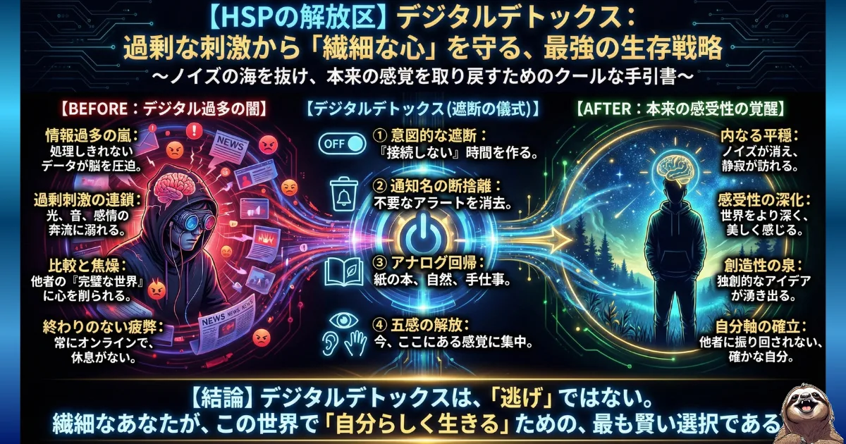 【図解】HSPとデジタルデトックス:情報過多やSNSの比較で脳がフリーズする「デジタル過多の闇(左)」から、通知の断捨離やアナログ回帰などの「遮断の儀式(中央)」を経て、HSP本来の豊かな感受性や創造性を取り戻す「覚醒(右)」へのプロセスを描いた図