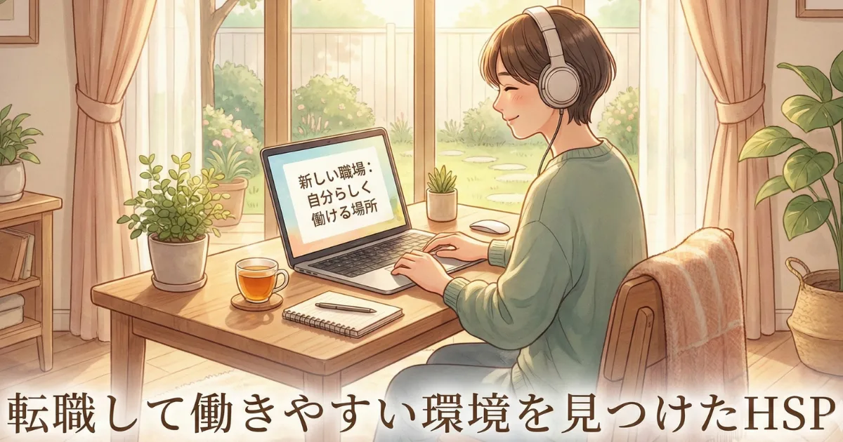 【HSPと転職】働きやすい環境を見つけ、自分らしく働く:どうしても今の職場が合わない繊細さんが、転職やリモートワークなど「自分のペースで穏やかに働ける新しい環境」を手に入れ、ヘッドホンをしてリラックスした笑顔で仕事に向かう未来のイメージ