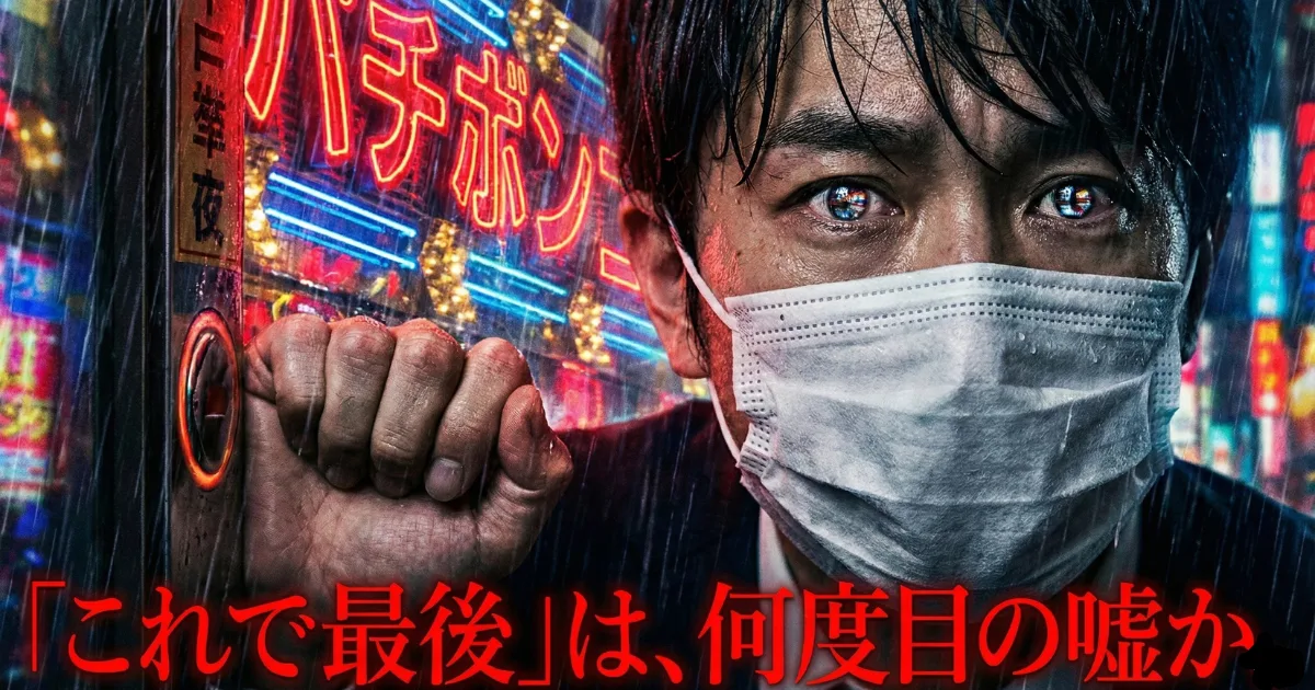 【パチンコ依存症の恐怖】「これで最後」という嘘を何度も自分につき、雨の夜にパチンコ店へ吸い込まれていく男性のイメージ。借金が膨らみ、やめたいのにやめられない依存症の底知れぬ苦しみと葛藤を表現した画像