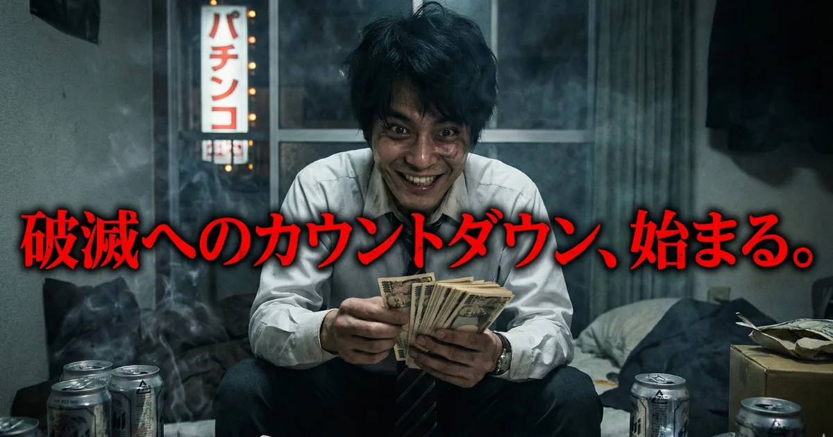 【パチンコ依存症の実体験】大勝ちという最悪の罠:パチンコで得た大量の札束を握りしめ、狂気じみた笑顔を浮かべる男性のイメージ。この一時的な快感(ドーパミン)が金銭感覚を麻痺させ、結果的に1000万円の借金という「破滅」へと繋がるビギナーズラックの恐ろしいメカニズムを表現した画像