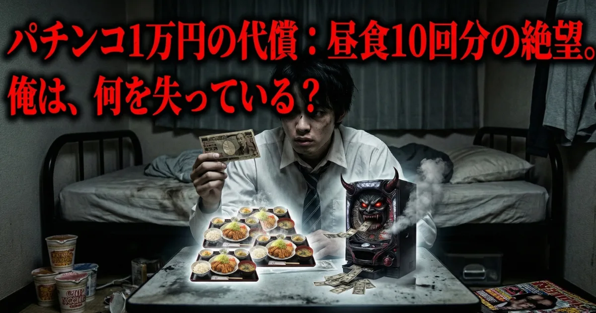【パチンコ依存症の後悔】1万円の代償と金銭感覚の麻痺:薄暗い部屋で1万円札を見つめる男性。パチンコ台(悪魔)に一瞬で吸い込まれる1万円が、現実では「豪華な昼食10回分」の価値があるという残酷な対比を描き、ギャンブルで何を失っているのかを問いかけるイメージ