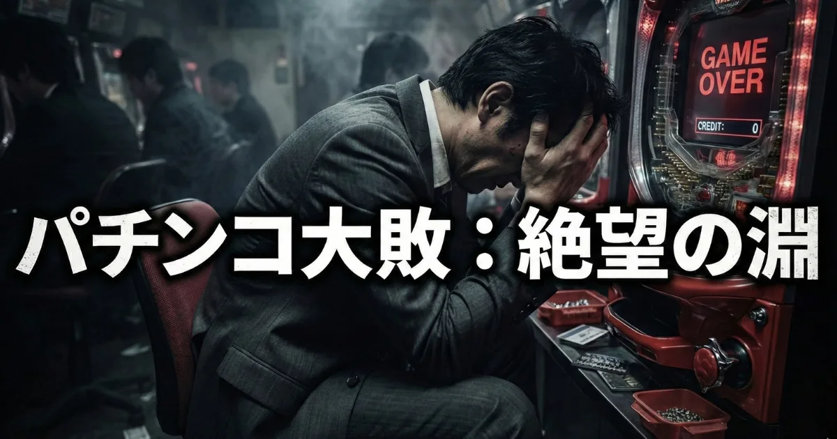 【パチンコ依存症の実体験】大敗による絶望の淵:仕事帰りのスーツ姿の男性が、パチンコで全財産を溶かし「GAME OVER」の画面の前で頭を抱えて激しく後悔しているイメージ。借金や依存から抜け出せず、やめたいのにやめられない苦しみと自己嫌悪をリアルに表現した画像