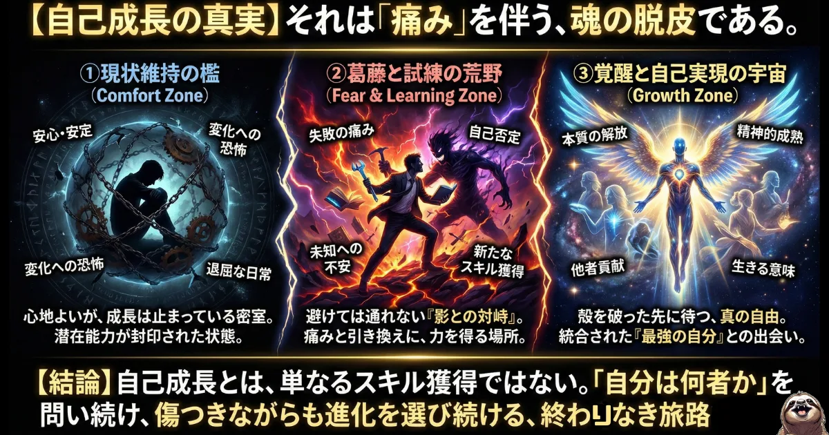 【皮肉】パチンコ依存症という名の「闇の自己成長」:退屈な日常(現状維持の檻)から抜け出し、借金という試練(荒野)を経て、金銭感覚が完全に崩壊した依存症の末期(覚醒)へと至るプロセス。ギャンブルの沼にハマる過程を自己啓発風に皮肉った図解