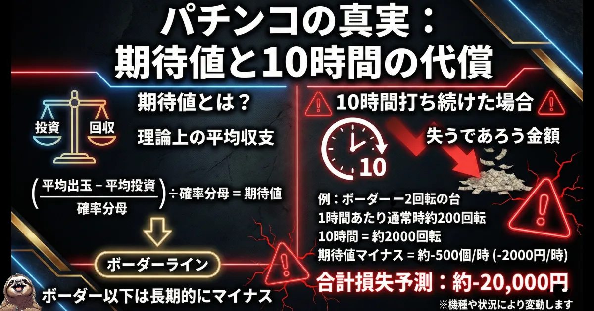 【図解】パチンコで必ず負ける仕組み(期待値の真実):ボーダーライン以下の台を打つと長期的に必ずマイナスになる数学的根拠と、10時間打ち続けた場合の具体的な損失予測(約-2万円)を解説。依存症者が抱く「勝てるかも」という幻想を論理で打ち砕く図解