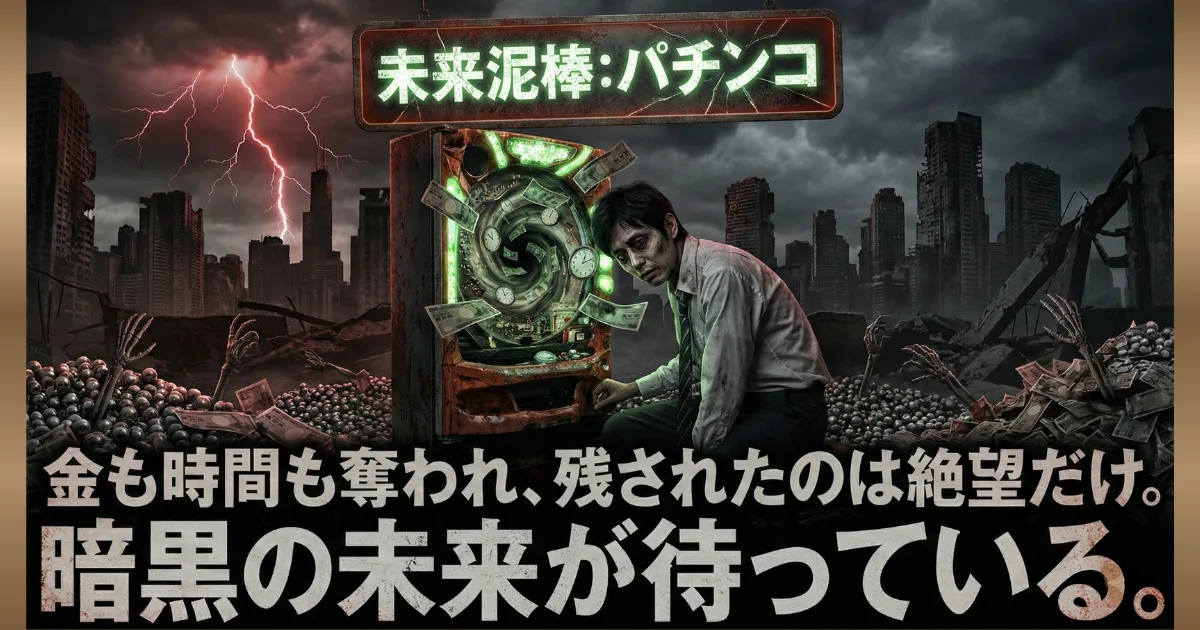 【パチンコ依存症の末路】未来泥棒であるパチンコに、お金だけでなく貴重な時間(人生)も吸い込まれていく絶望の図解。借金が膨らみ、すべてを失った先に待つ「暗黒の未来」を警告し、今すぐ卒業すべき理由を突きつけるディストピア風のイメージ