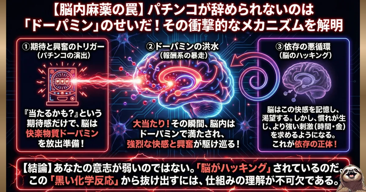 【図解】パチンコ依存症のメカニズム:辞められない理由は意志の弱さではなく「ドーパミン(脳内麻薬)」による脳のハッキングであると解説。演出への期待(トリガー)、大当たりの快感(報酬系の暴走)、より強い刺激を求める悪循環の3ステップを図解