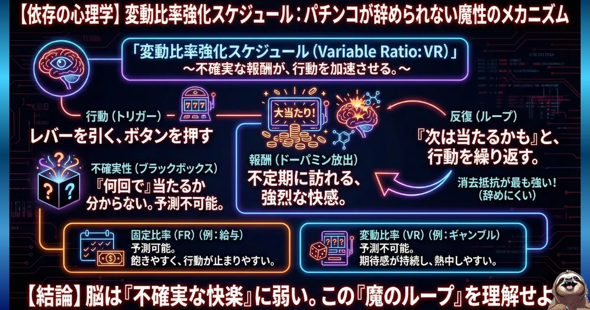 【図解】パチンコ依存の心理学「変動比率強化スケジュール」:何回で当たるか予測できない「不確実な報酬」がドーパミンを暴走させ、最も辞めにくくなる「魔のループ(反復行動)」を生み出すメカニズム。ギャンブルが辞められない理由を科学的に解明した図