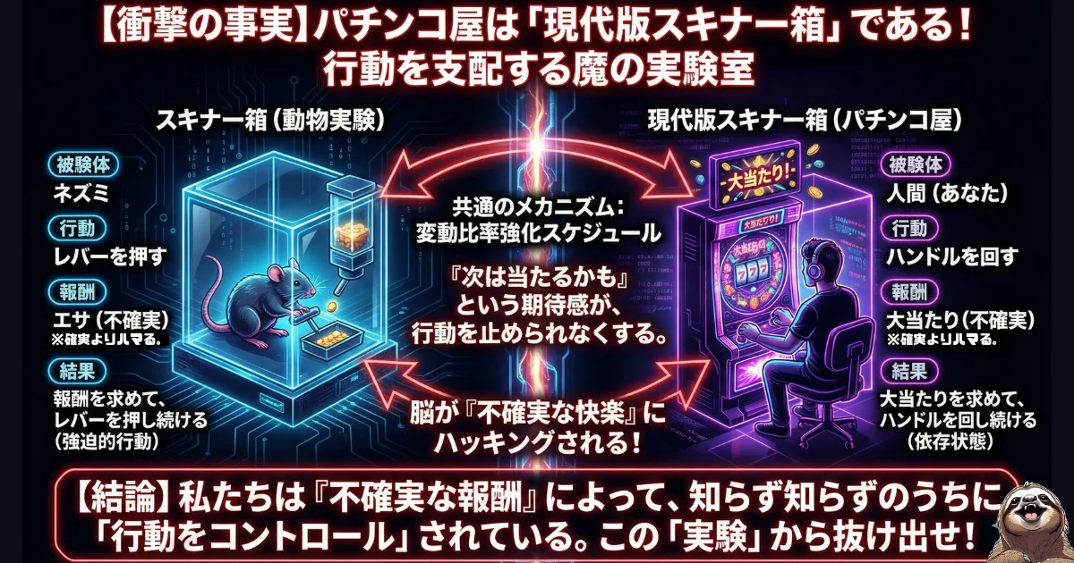 【図解】パチンコ屋は現代版「スキナー箱」:不確実なエサを求めてレバーを押し続けるネズミの実験と、不確実な大当たりを求めてハンドルを回し続けるパチンコ客が、全く同じ「行動心理学(変動比率強化スケジュール)」によってコントロールされていることを示す図