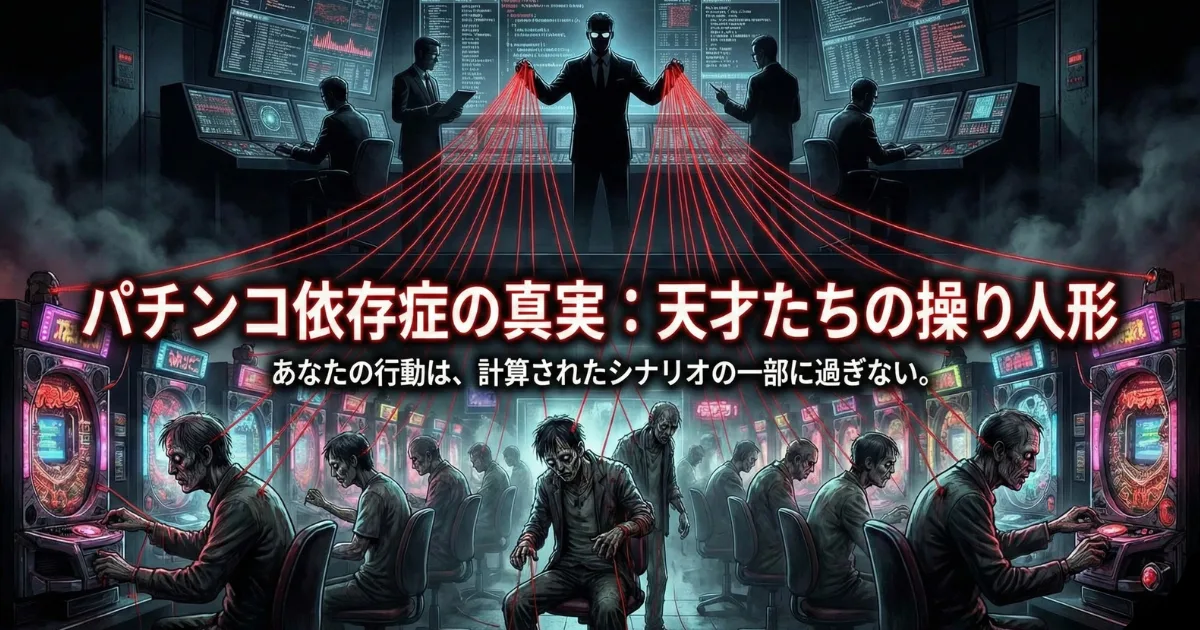 【図解】パチンコ依存症の真実:パチンコ台の裏側でシステムを操作する天才たち(胴元)と、赤い糸で操り人形のようにコントロールされ、生気を失いながら打ち続けるゾンビのような客たち。個人の意志では勝てない計算された搾取のシナリオを描いたイメージ画像