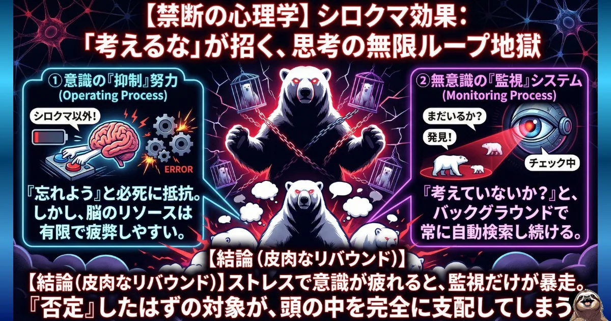 【図解】パチンコ依存とシロクマ効果:「もうパチンコはやめよう(考えないようにしよう)」と意識を抑制するほど、無意識の監視システムが暴走し、逆にパチンコへの執着(皮肉なリバウンド)を生んで頭の中が支配されてしまう心理メカニズム